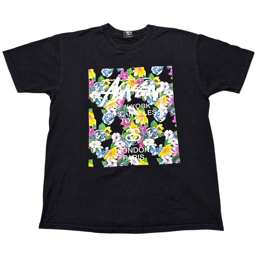 Stussy Black 100% Cotton World Tour Flower Graphic Crewneck T-Shirt, Large